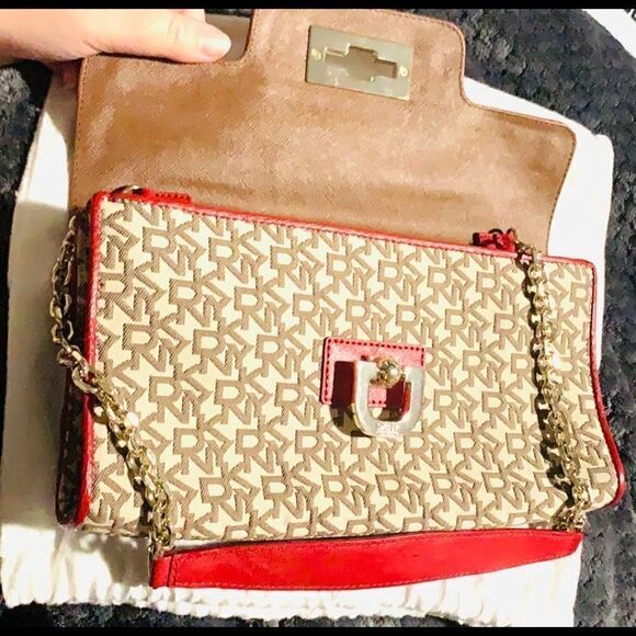 𝅺DKNY Red Monogram Clutch Shoulder Bag Purse - Picture 2 of 7